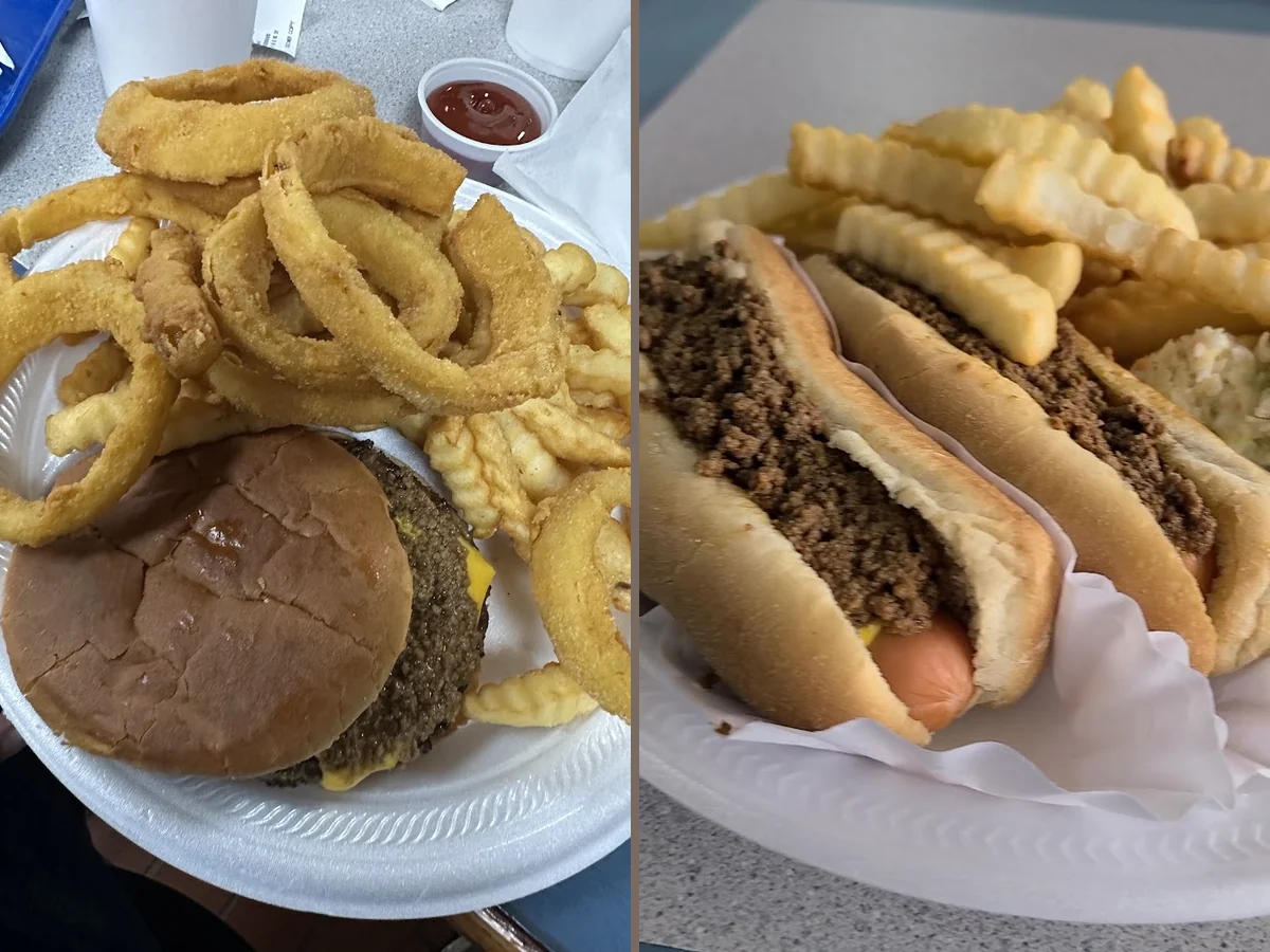 Plate of diner food on a plain table.
